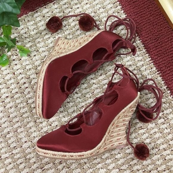 New Tory Burch Red Pompom-embellished Lace-up Satin Wedge Espadrilles Merlot 7 - Picture 6 of 16